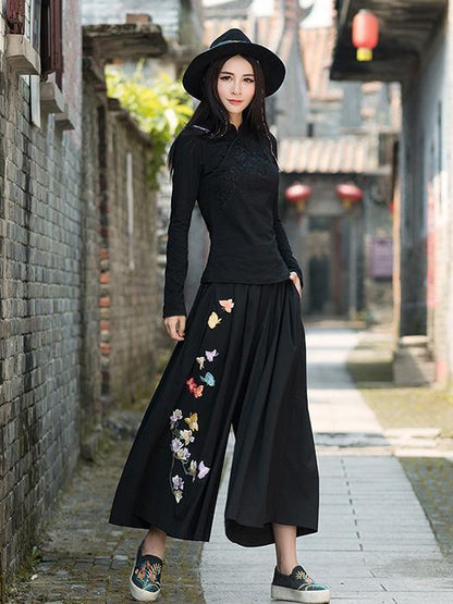 National Embroidered Wide Leg Loose Casual Pant