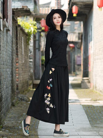 National Embroidered Wide Leg Loose Casual Pant