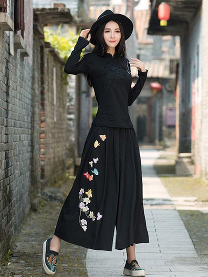 National Embroidered Wide Leg Loose Casual Pant