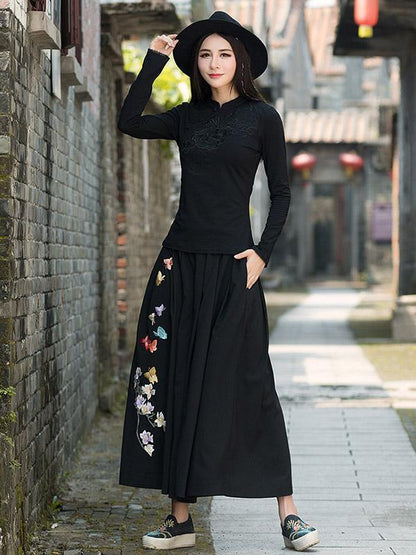 National Embroidered Wide Leg Loose Casual Pant