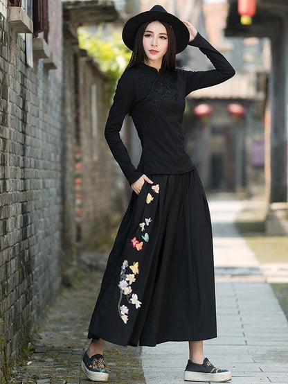 National Embroidered Wide Leg Loose Casual Pant