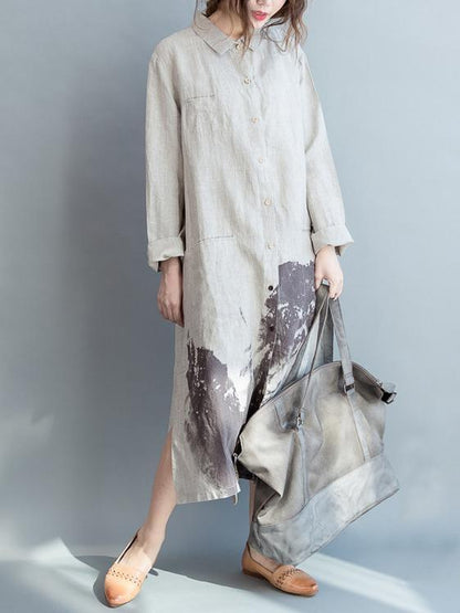 Cotton Long Loose Dress with Natural Sketch Print