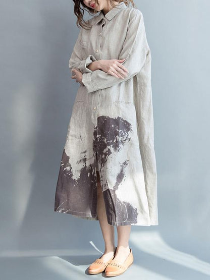 Cotton Long Loose Dress with Natural Sketch Print