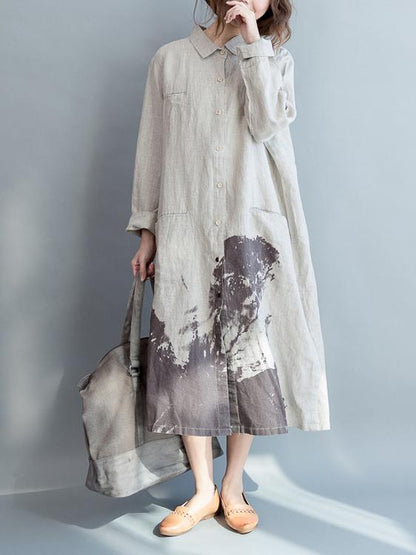 Cotton Long Loose Dress with Natural Sketch Print