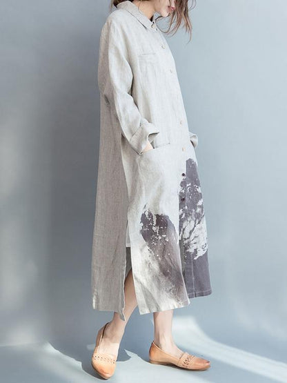 Cotton Long Loose Dress with Natural Sketch Print