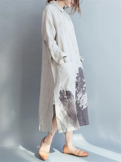 Creamy Linen Lapel Loose Blouse Long Dress