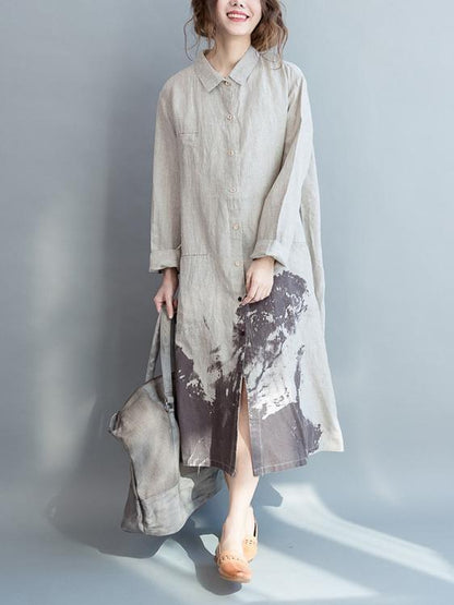 Cotton Long Loose Dress with Natural Sketch Print