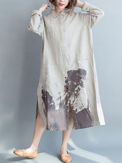 Cotton Long Loose Dress with Natural Sketch Print