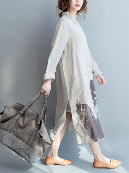 Cotton Long Loose Dress with Natural Sketch Print