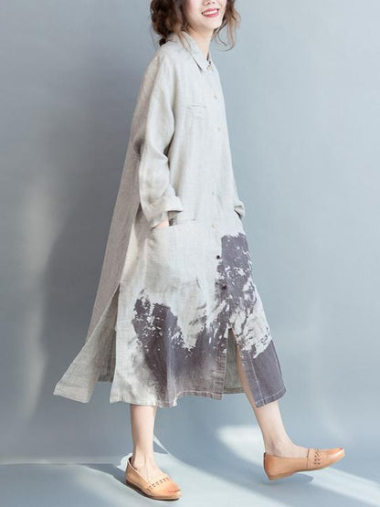 Cotton Long Loose Dress with Natural Sketch Print
