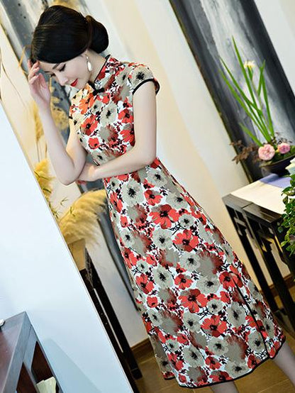 White Flower Printed  Midi Cheongsam