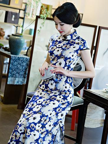 White Flower Printed  Midi Cheongsam