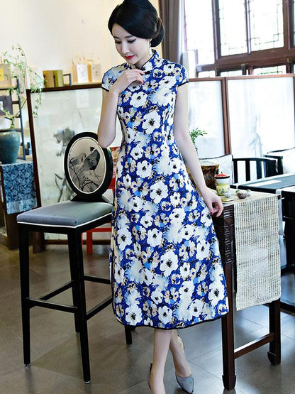 White Flower Printed  Midi Cheongsam