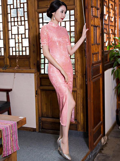 Pink&Gray Vintage Long  Cheongsam  Lace  Dress