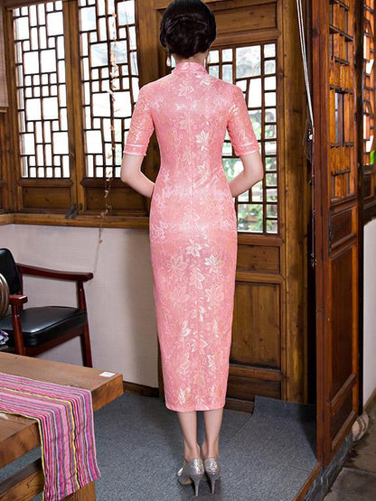 Pink&Gray Vintage Long  Cheongsam  Lace  Dress
