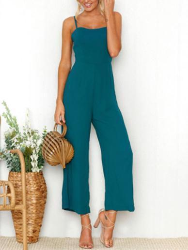 Solid Color Spaghetti-neck Wide Leg Jumpsuits