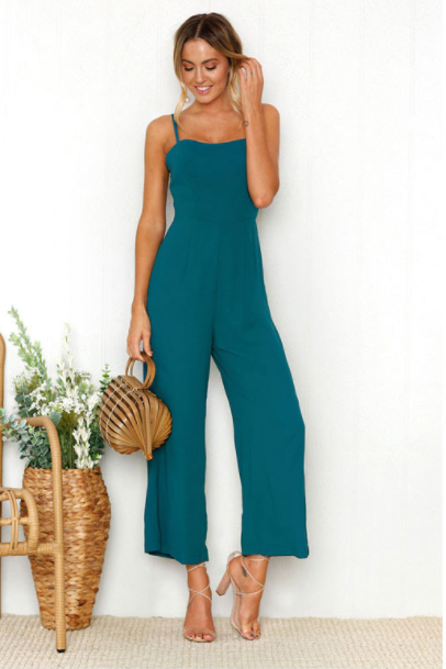 Solid Color Spaghetti-neck Wide Leg Jumpsuits