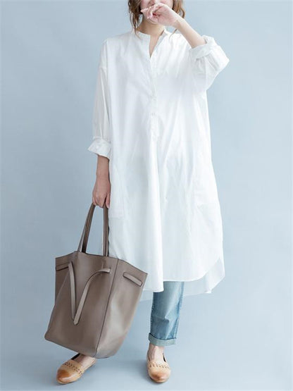 Simple Stand Collar Cotton Long Blouse Dress