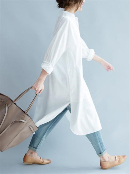 Simple Stand Collar Cotton Long Blouse Dress