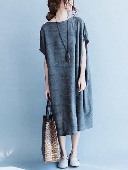 Gray Round-neck Cotton Blend Free Size Long Dress