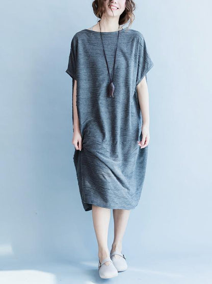 Gray Round-neck Cotton Blend Free Size Long Dress