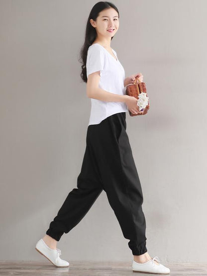 Casual Loosen Broaden Cotton Pants in Blue or Black Color
