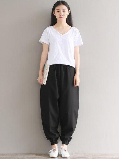 Casual Loosen Broaden Cotton Pants in Blue or Black Color