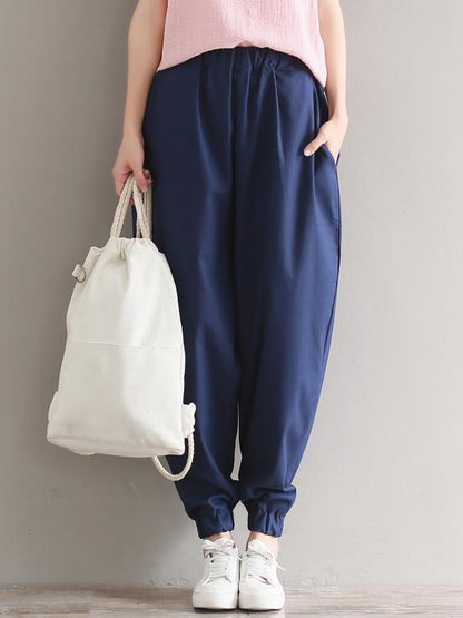 Casual Loosen Broaden Cotton Pants in Blue or Black Color