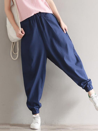 Casual Loosen Broaden Cotton Pants in Blue or Black Color