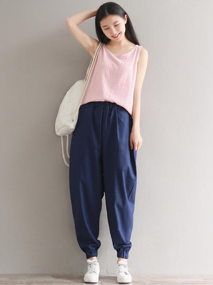 Casual Loosen Broaden Cotton Pants in Blue or Black Color