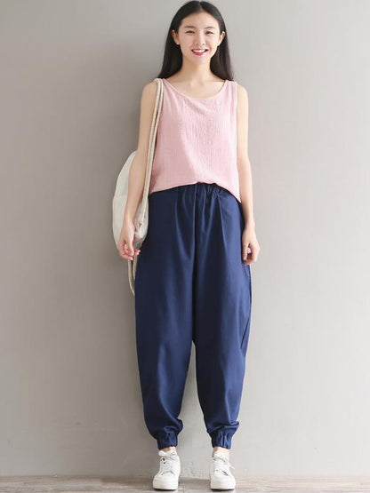 Casual Loosen Broaden Cotton Pants in Blue or Black Color
