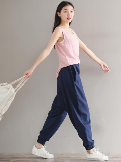 Casual Loosen Broaden Cotton Pants in Blue or Black Color