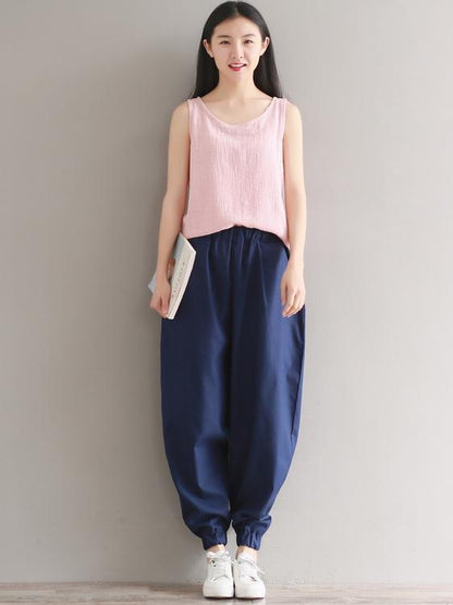 Casual Loosen Broaden Cotton Pants in Blue or Black Color