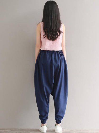 Casual Loosen Broaden Cotton Pants in Blue or Black Color