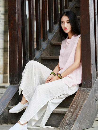 Creamy&Pink Split-side Ramie Cotton Casual Pants
