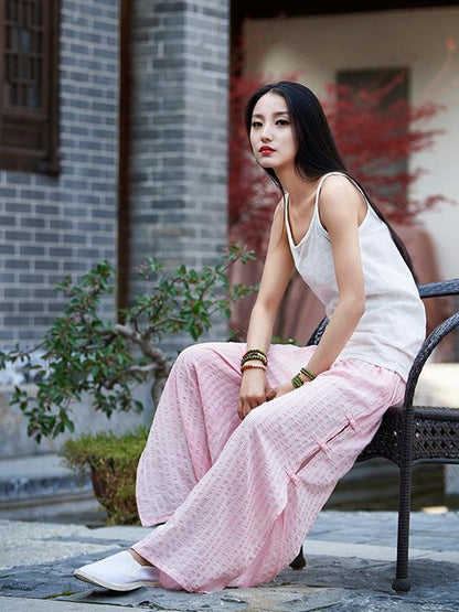 Creamy&Pink Split-side Ramie Cotton Casual Pants