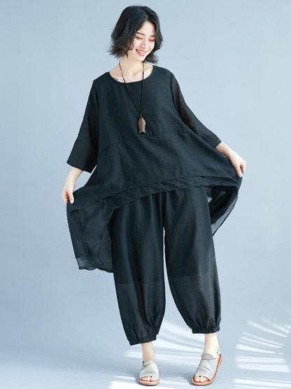 Fashion Casual Loosen Cotton Combo Suit in Black Color