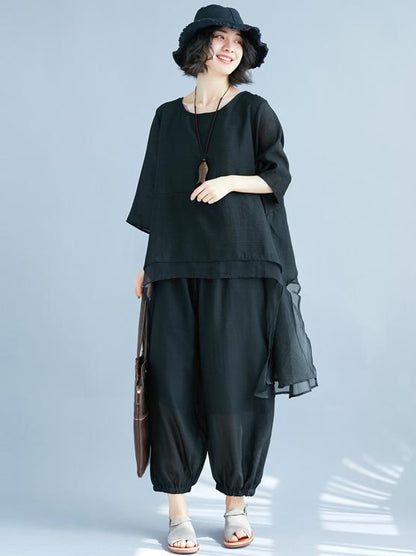Fashion Casual Loosen Cotton Combo Suit in Black Color