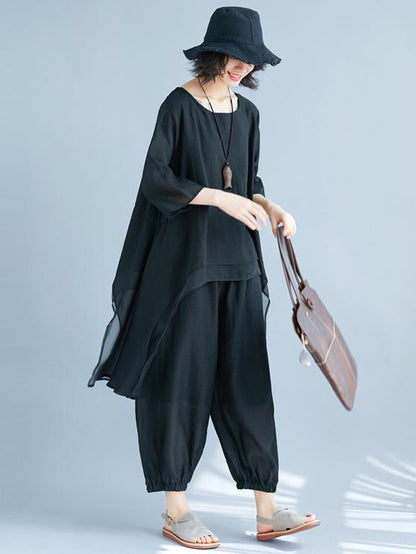Fashion Casual Loosen Cotton Combo Suit in Black Color