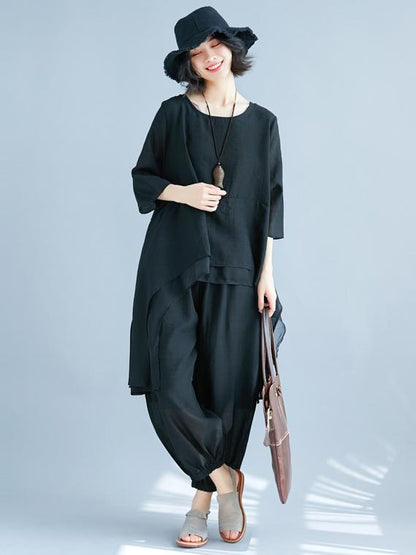 Fashion Casual Loosen Cotton Combo Suit in Black Color