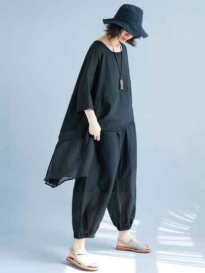 Fashion Casual Loosen Cotton Combo Suit in Black Color