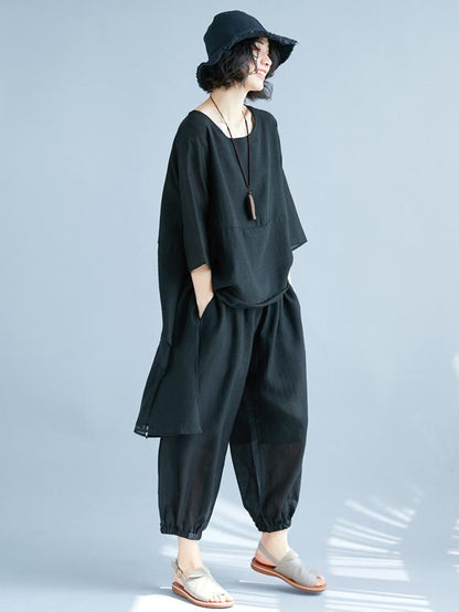 Fashion Casual Loosen Cotton Combo Suit in Black Color