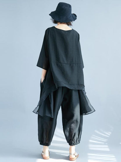 Fashion Casual Loosen Cotton Combo Suit in Black Color