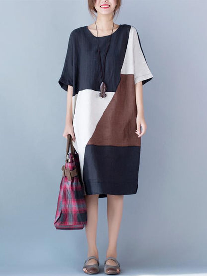 Color-block Split-joint A-line Ramie Cotton Linen Dress