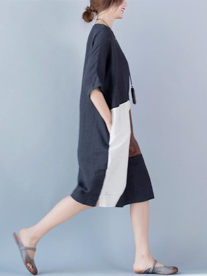 Color-block Split-joint A-line Ramie Cotton Linen Dress