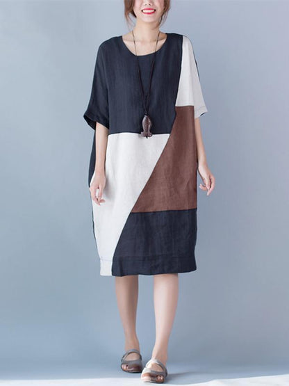Color-block Split-joint A-line Ramie Cotton Linen Dress