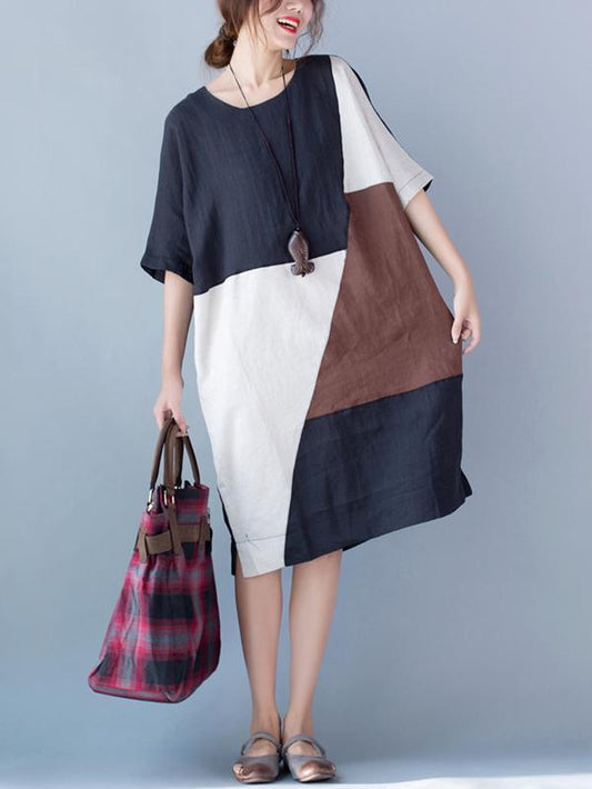 Color-block Split-joint A-line Ramie Cotton Linen Dress