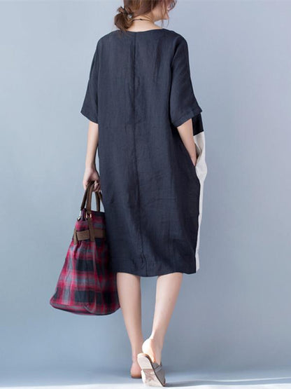 Color-block Split-joint A-line Ramie Cotton Linen Dress