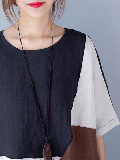 Color-block Split-joint A-line Ramie Cotton Linen Dress