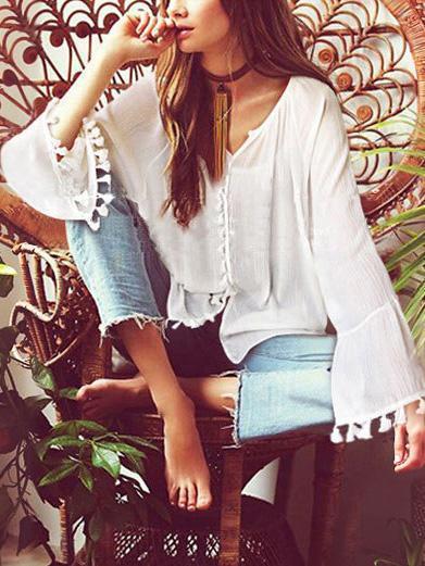 Vintage V-Neck Blouse with Broad Long Sleeves, Two Colors